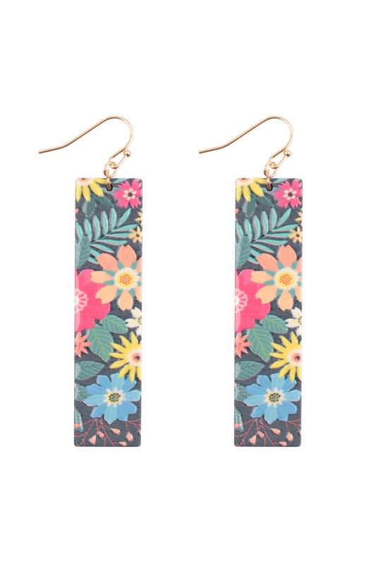 Flower Print Bar Shaped Wood Drop Earrings Multicolor
