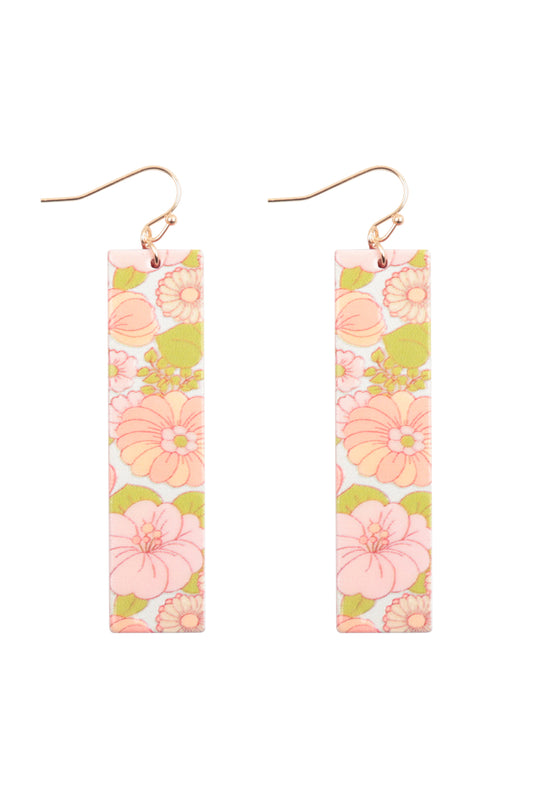 Flower Print Bar Shaped Wood Drop Earrings Pink