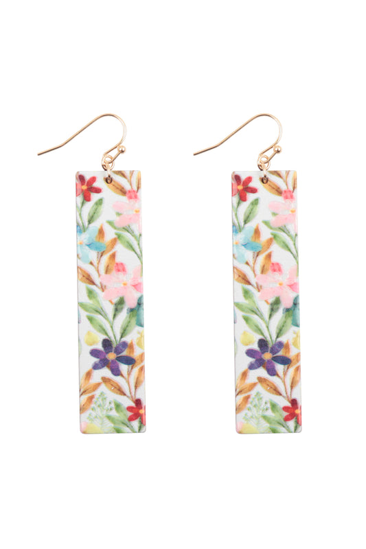 Flower Print Bar Shaped Wood Drop Earrings White