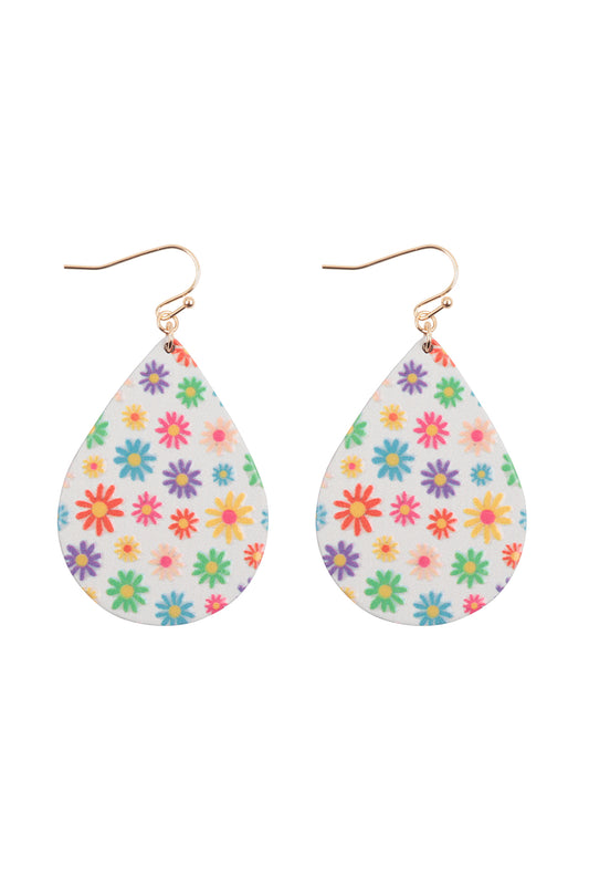 Flower Daisy Print Wood Teardrop Earrings Multicolor