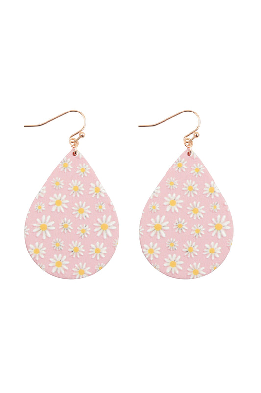 Flower Daisy Print Wood Teardrop Earrings Pink