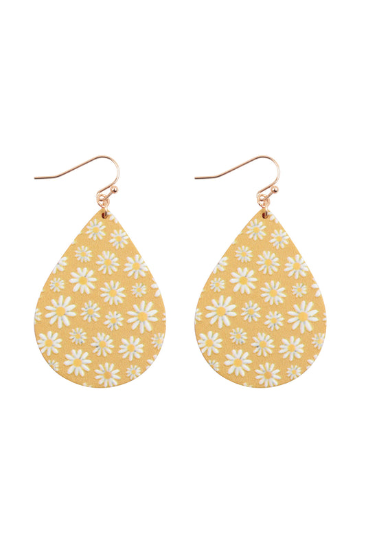 Flower Daisy Print Wood Teardrop Earrings Yellow