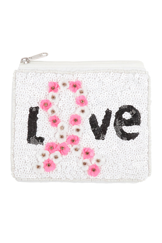 Love Pink Ribbon Awareness with Flowers Sequin Coin Pouch