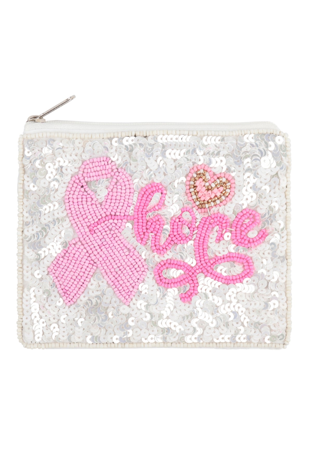 Hope Pink Ribbon Awareness Sequin and Seed Beads Coin Pouch
