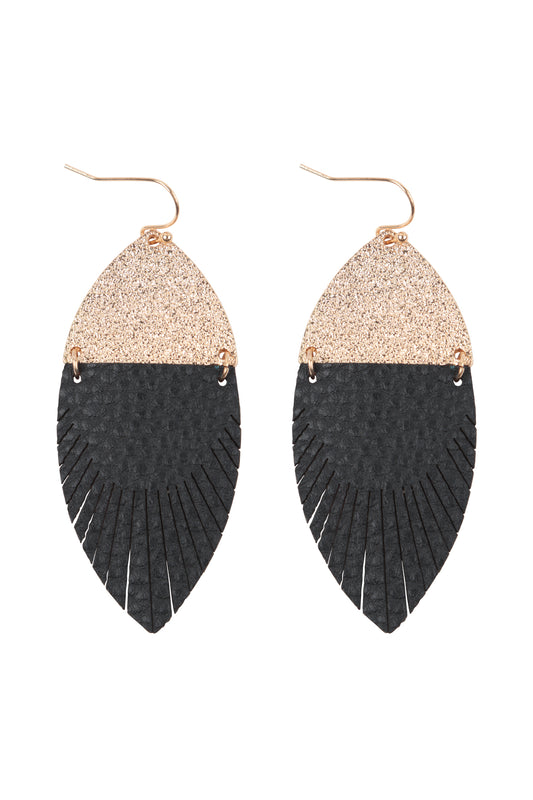Inch Mar2uise Shaped PU Leather Fringe Hook Earrings Black