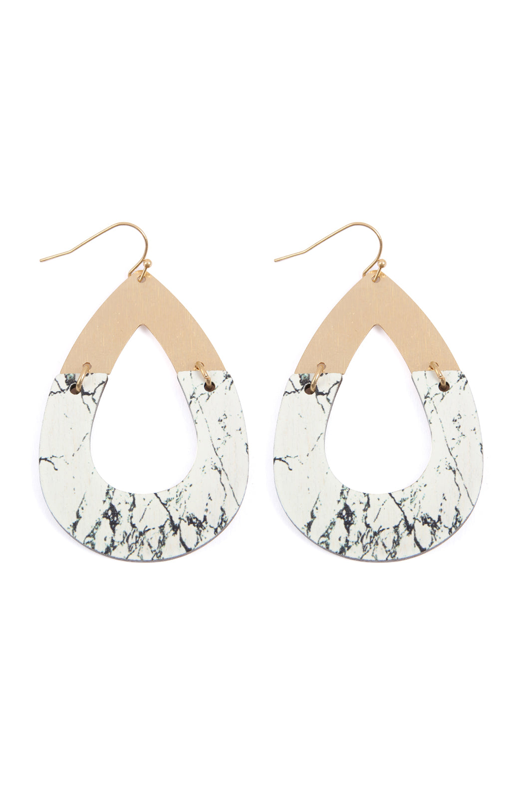 Metal Semiwood Open Cut FIsh Hook Teardrop Earrings Howlite
