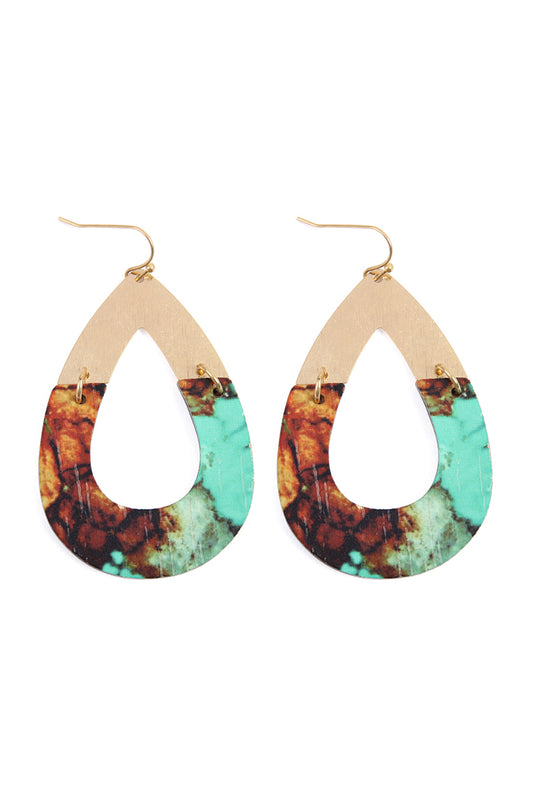 Metal Semiwood Open Cut Fish Hook Teardrop Earrings Tur2uoise Brown
