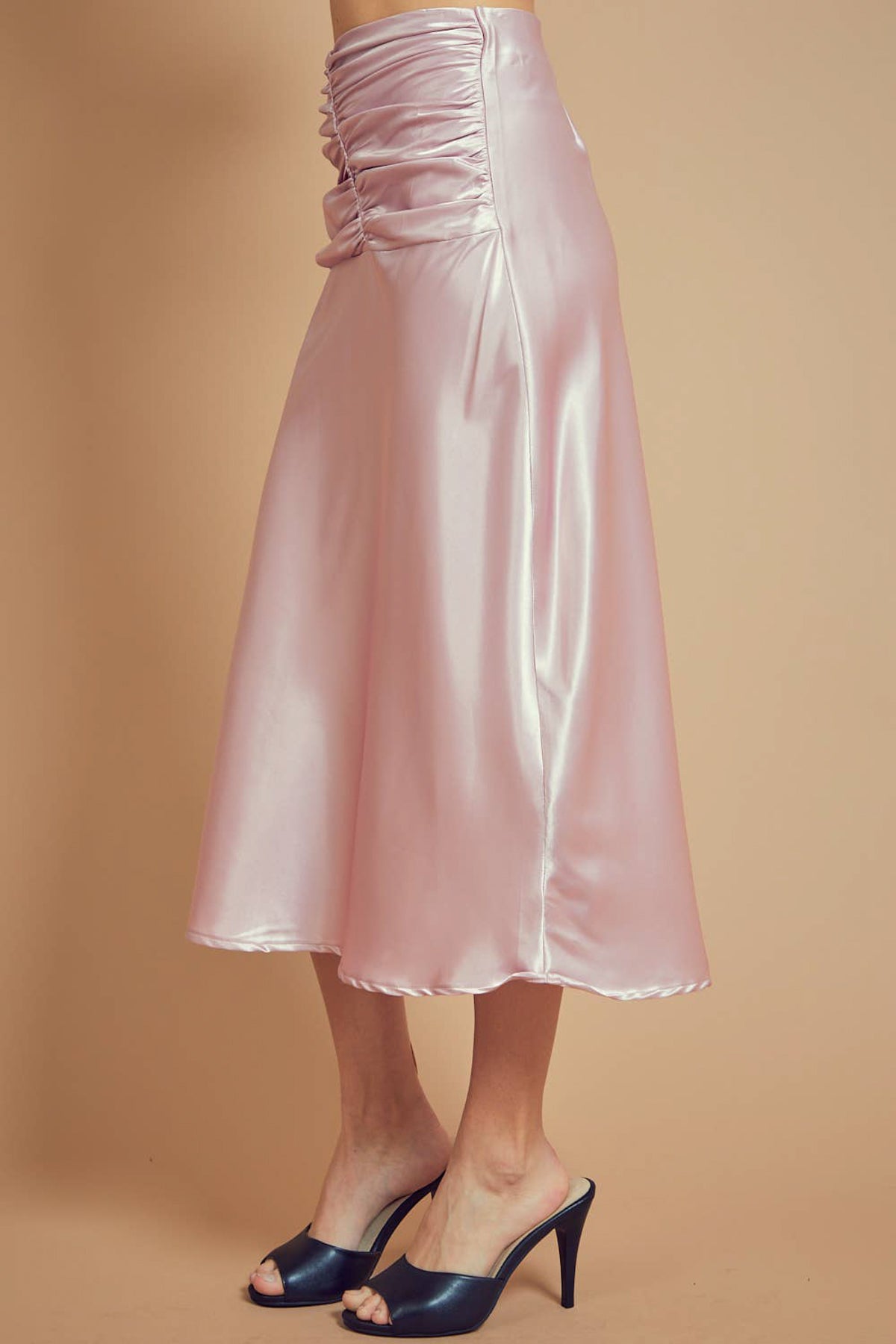 Ruched High Waist Satin Midi Skirt