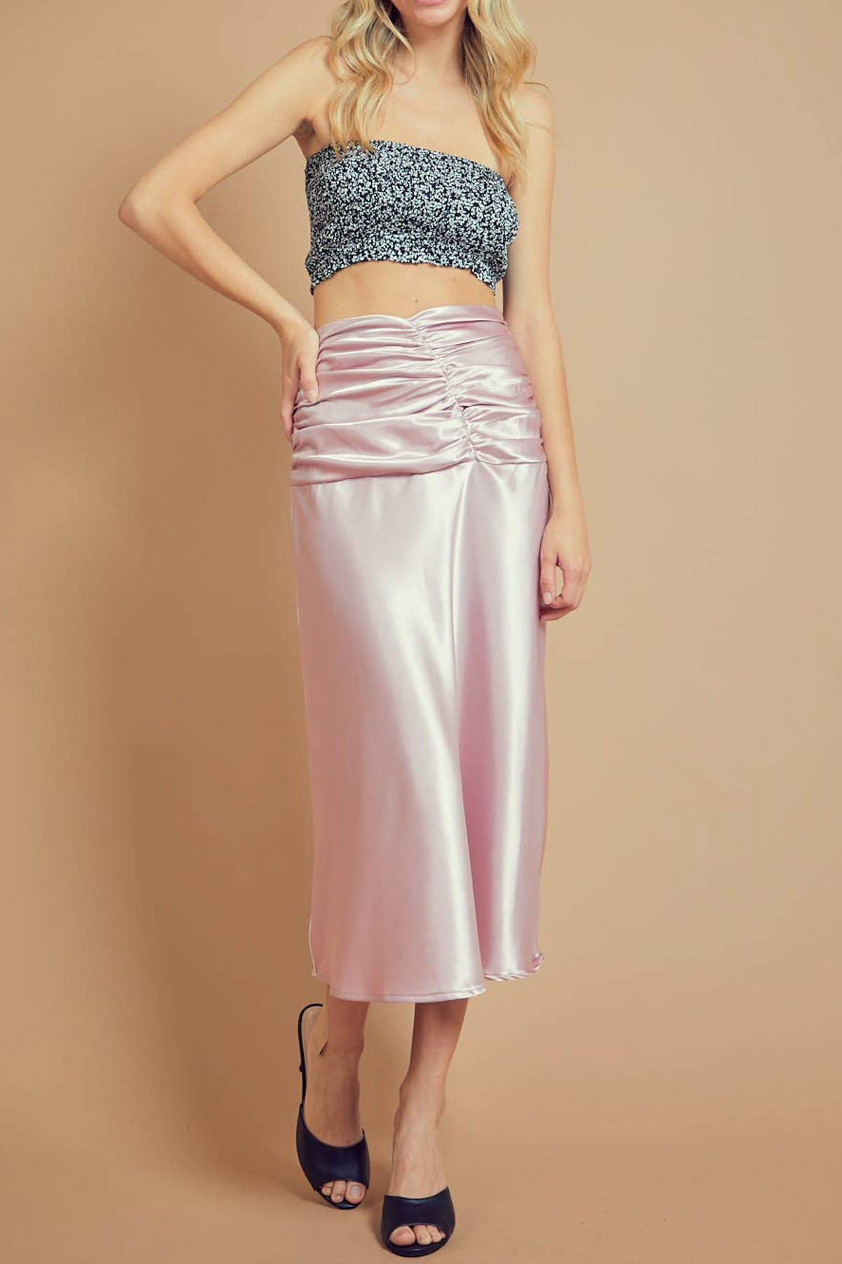 Ruched High Waist Satin Midi Skirt