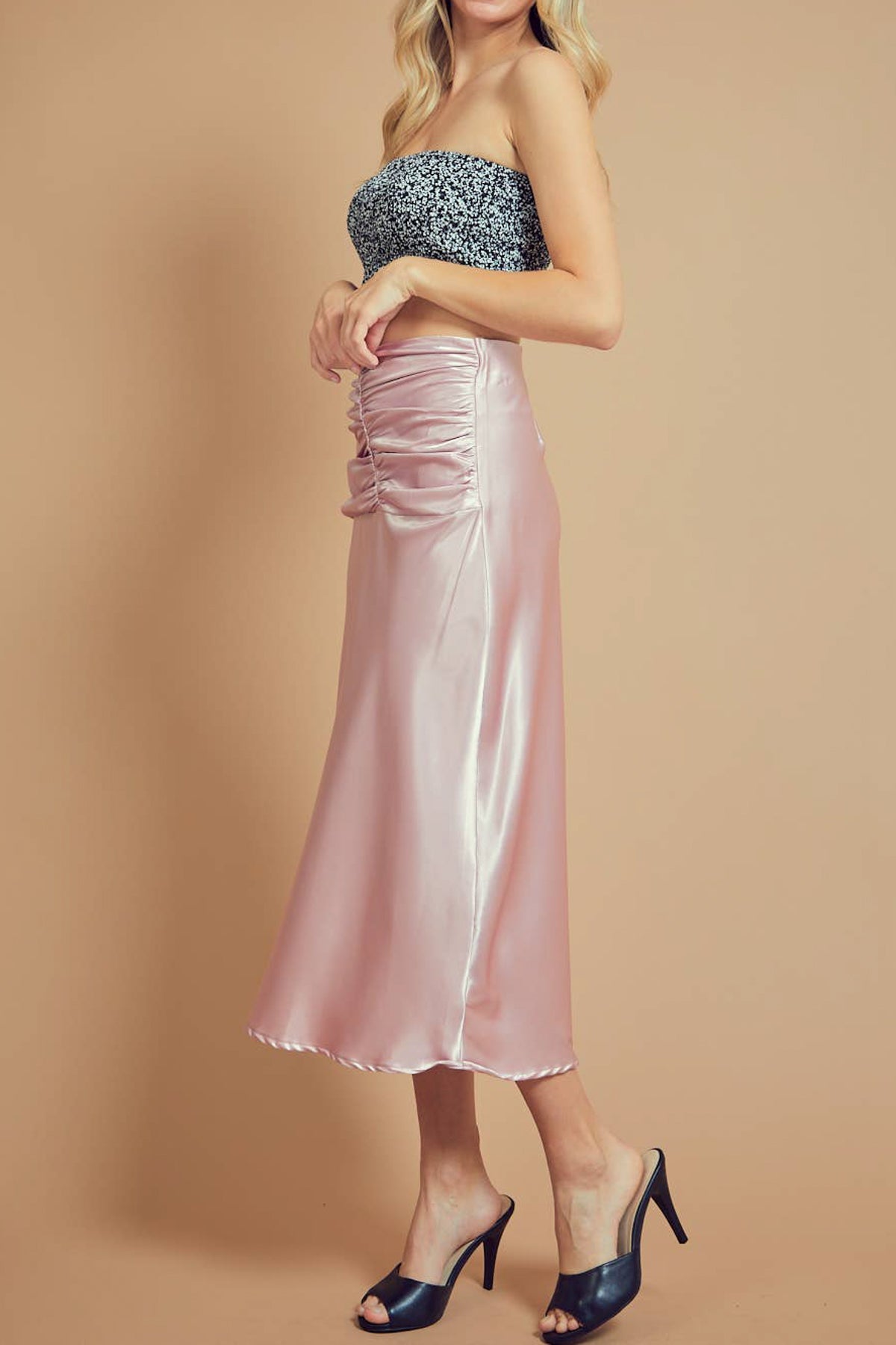 Ruched High Waist Satin Midi Skirt