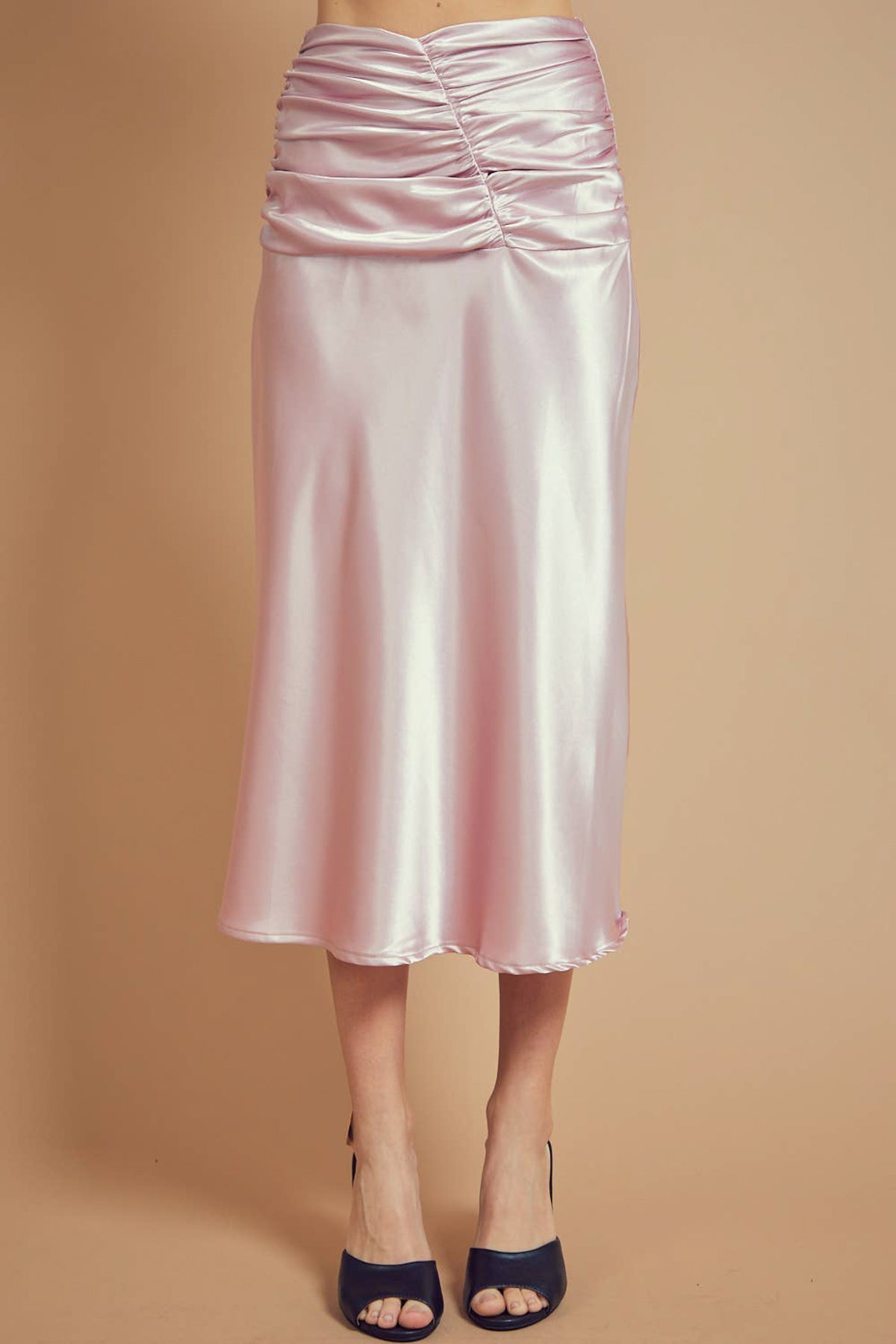 Ruched High Waist Satin Midi Skirt