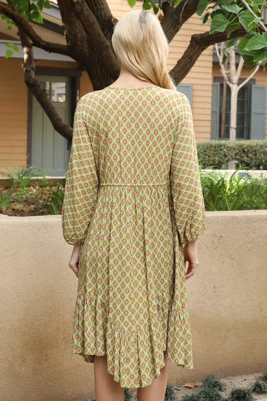 Boho Print V-Neck Long Sleeve Tiered Midi Dress