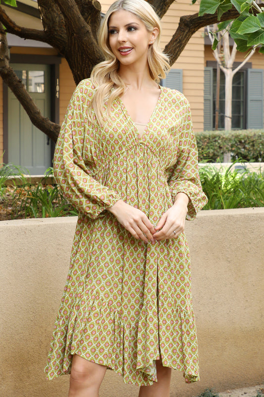 Boho Print V-Neck Long Sleeve Tiered Midi Dress