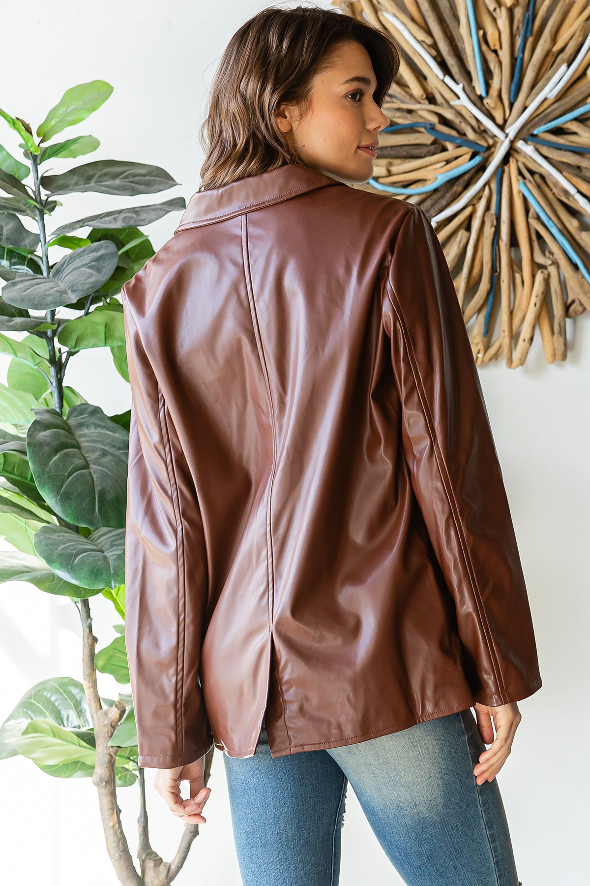 Faux Leather Double-Breasted Blazer Jacket