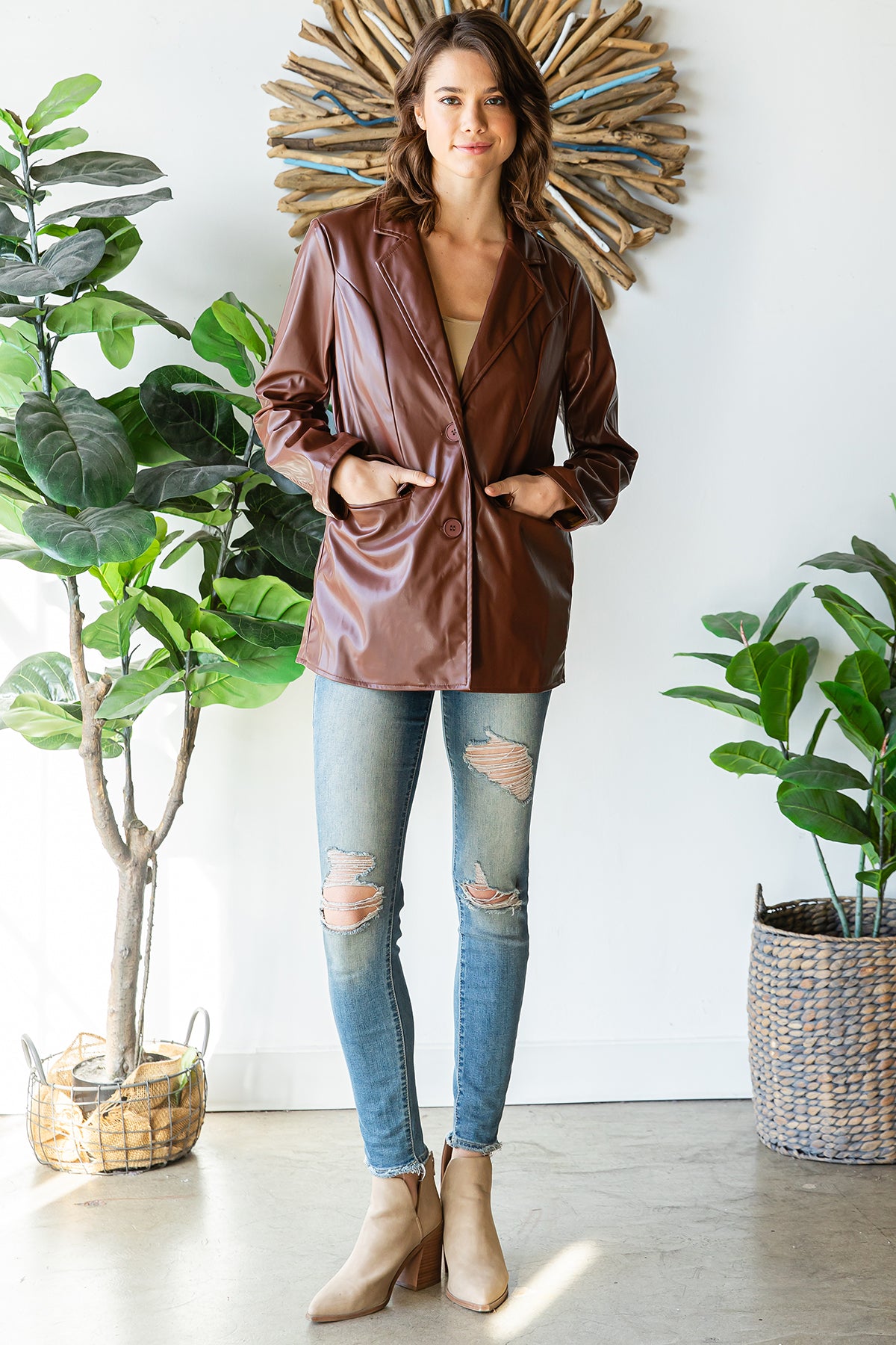 Faux Leather Double-Breasted Blazer Jacket