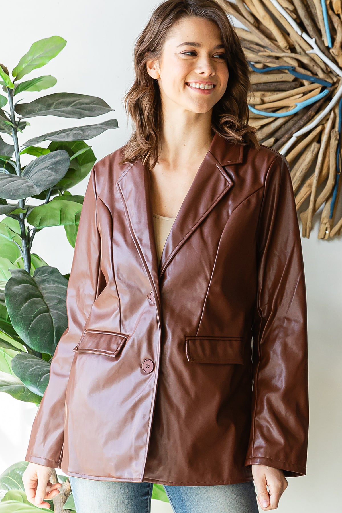 Faux Leather Double-Breasted Blazer Jacket
