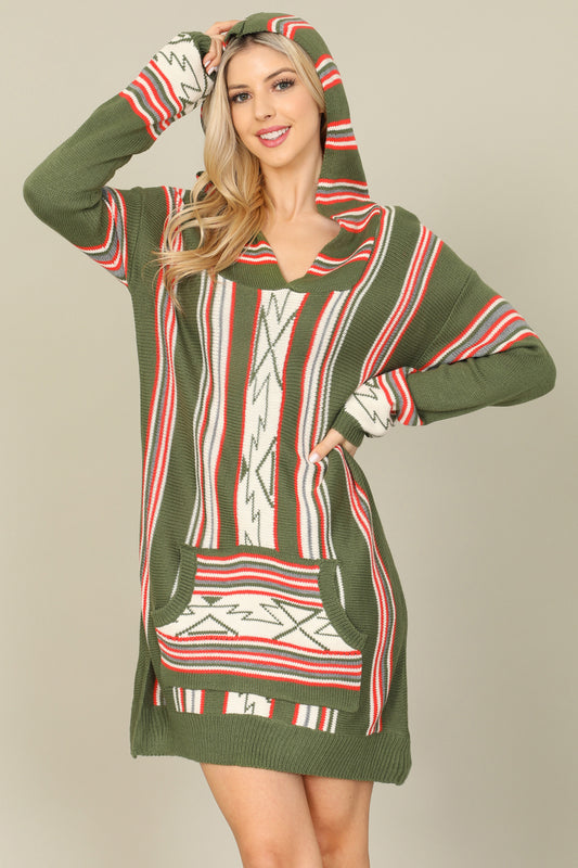 Printed Kangaroo Pocket Hooded Sweater Dress