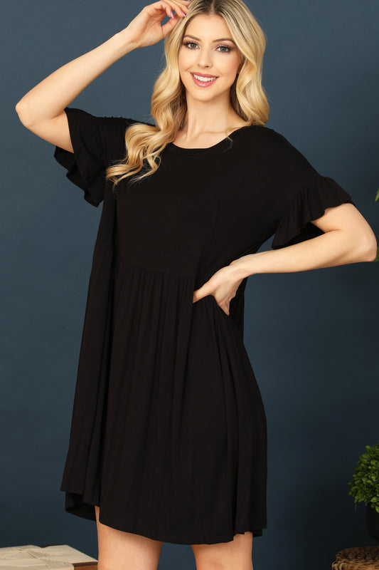 Ruffle Sleeve Front Pocket Solid Dress