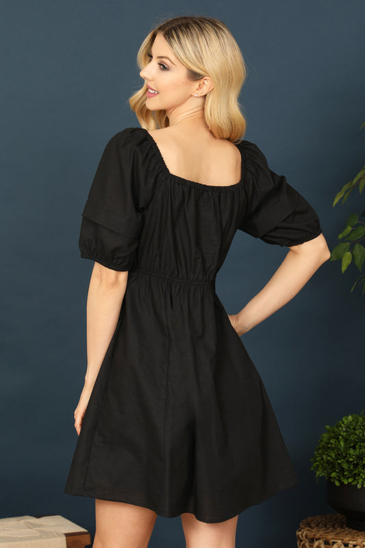 Ruched Hole Detail Waist Puff Sleeve Mini Dress