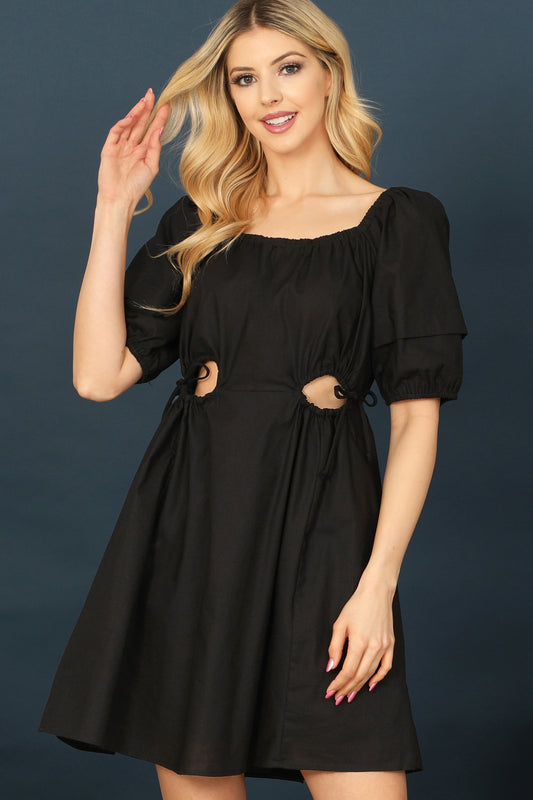 Ruched Hole Detail Waist Puff Sleeve Mini Dress