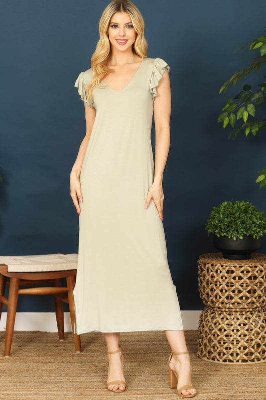 Ruffle Cap Sleeve V-Neck Side Slit Solid Midi Dress