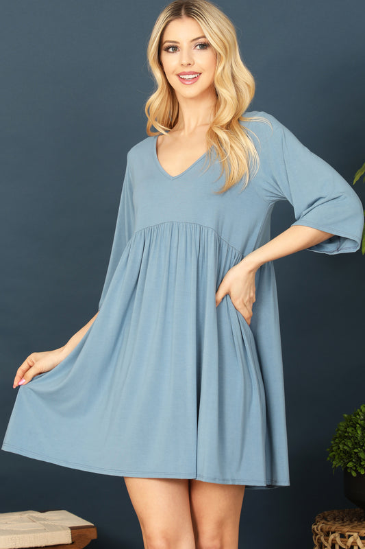 Quarter Sleeve Empire Solid Mini Dress
