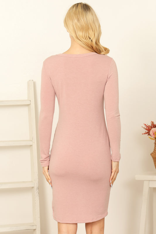 Long Sleeve Side Ruched Asymmetrical Hem Bodycon Dress