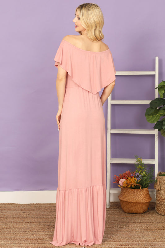 Off Shoulder Ruffle Overlay High-Low Hem Maxi Dress