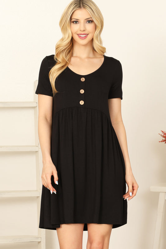 Short Sleeve Scoop Neck Button Detail Mini Dress