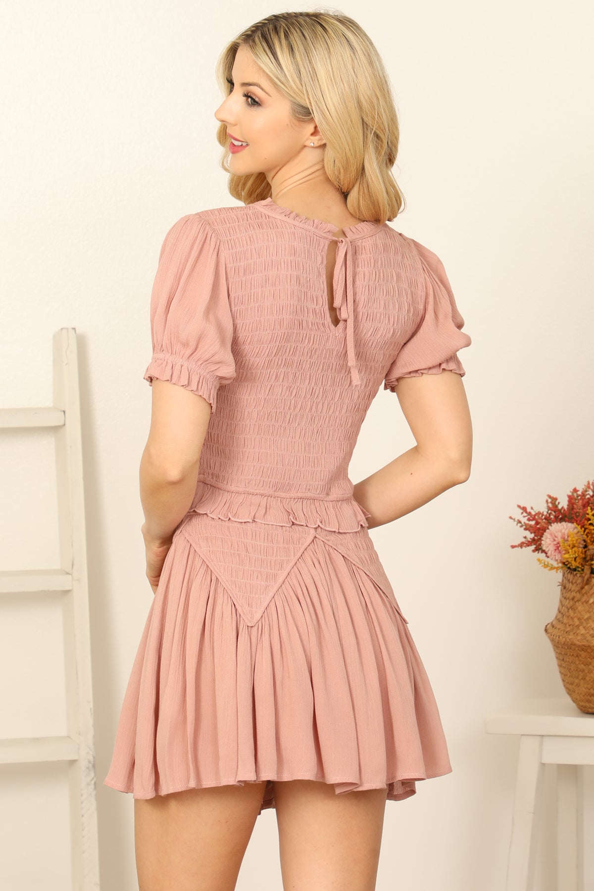 Smocked Puff Sleeve Crop Top & Flowy Mini Skirt Set