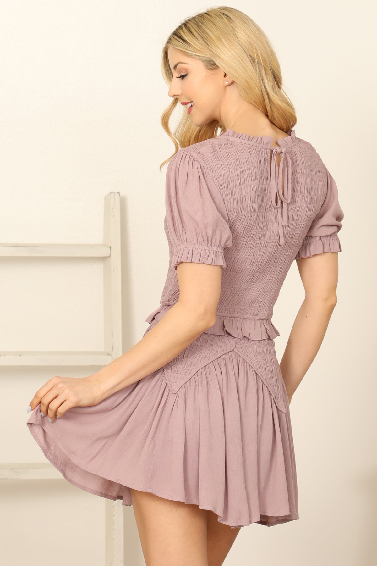 Smocked Puff Sleeve Crop Top & Flowy Mini Skirt Set