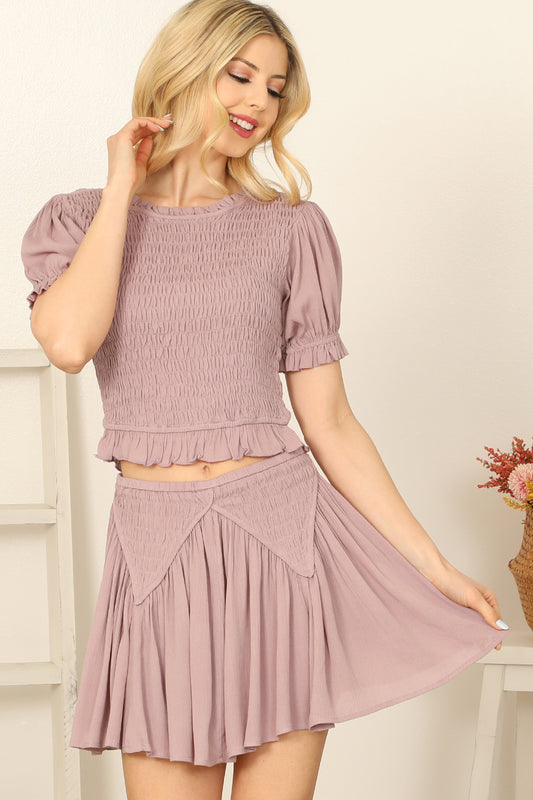 Smocked Puff Sleeve Crop Top & Flowy Mini Skirt Set