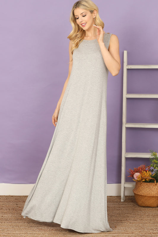 Sleeveless Side Pocket Solid Maxi Dress