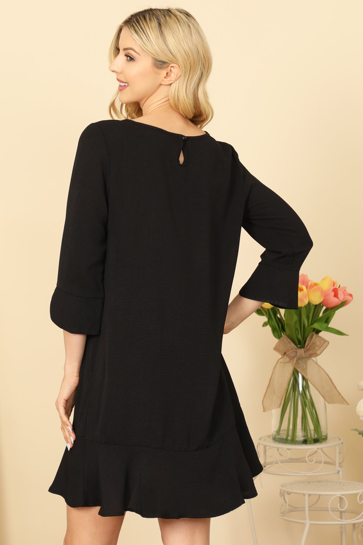 Quarter Sleeve Ruffle Hem Solid Dress