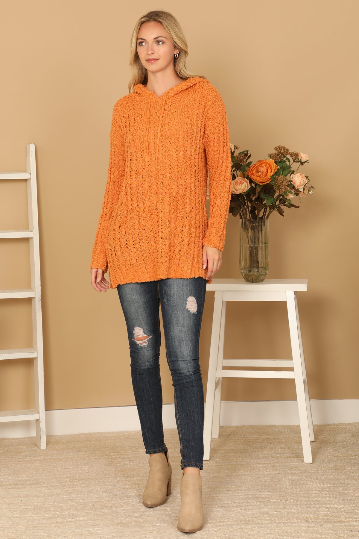 Textured Hooded Knit Tunic Sweater