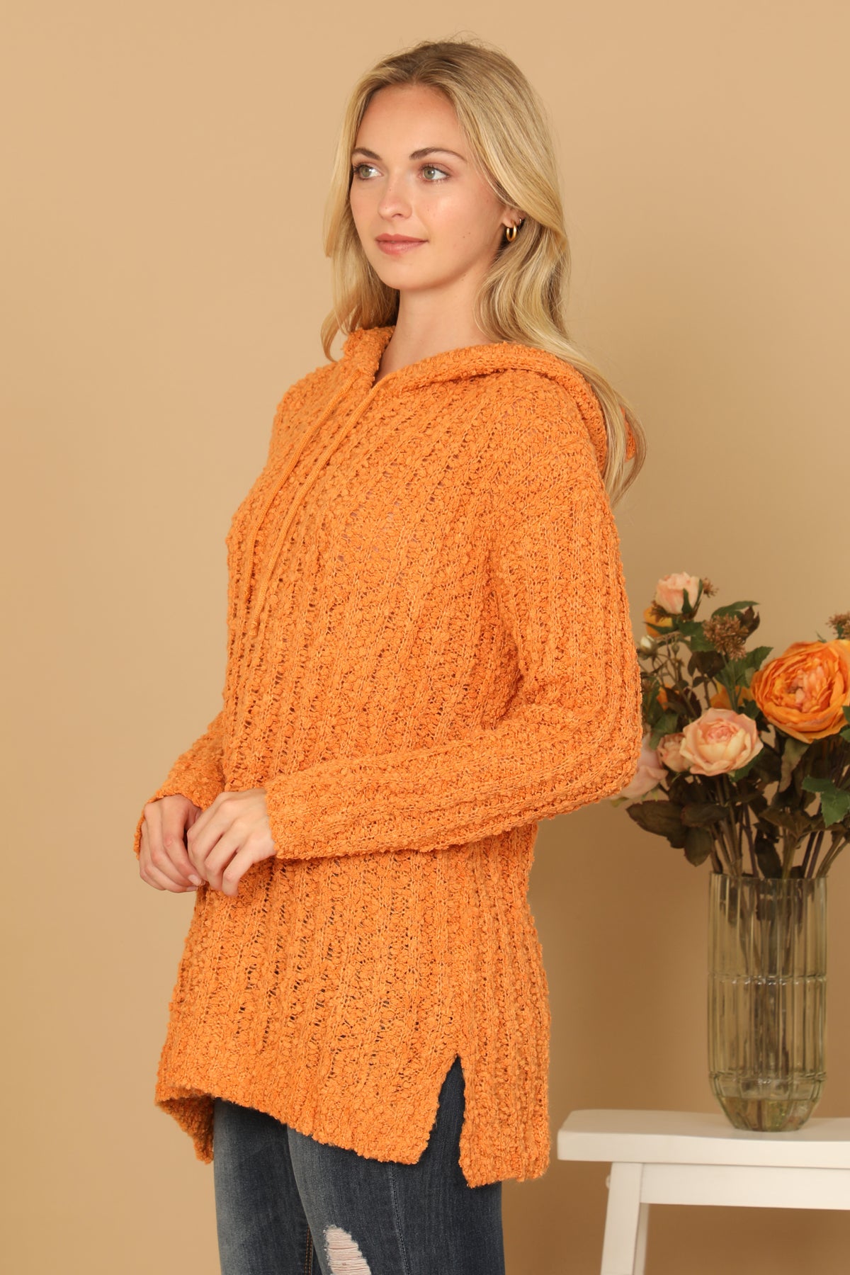 Textured Hooded Knit Tunic Sweater