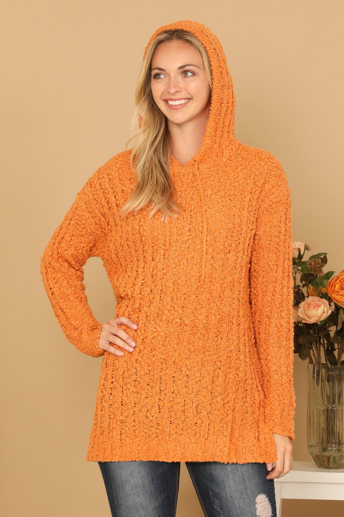 Textured Hooded Knit Tunic Sweater