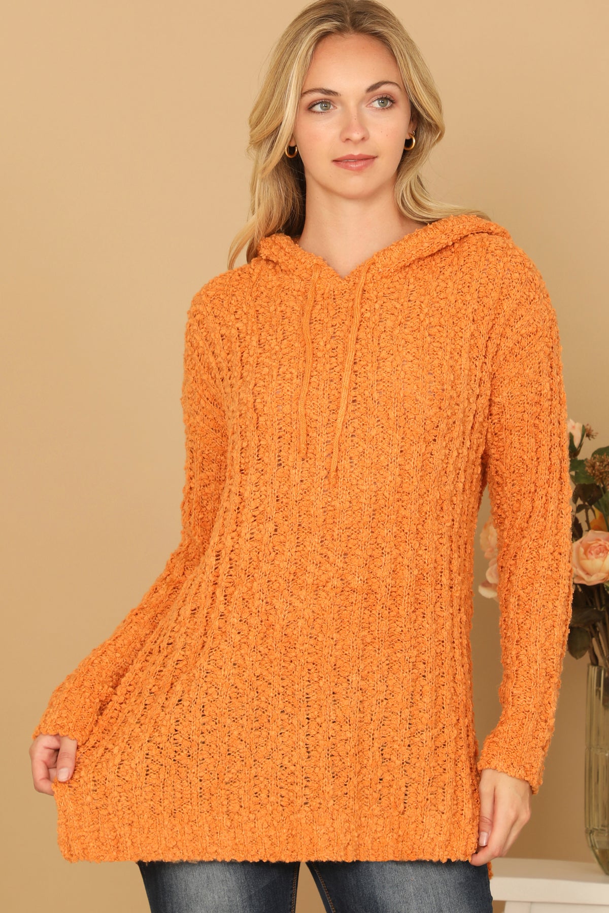 Textured Hooded Knit Tunic Sweater