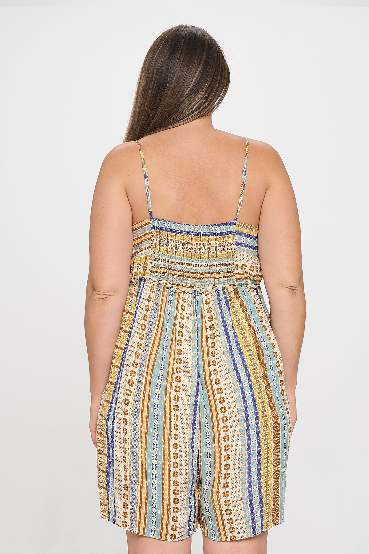 Plus Size Cream Spaghetti Strap Front Pocket Multi Romper