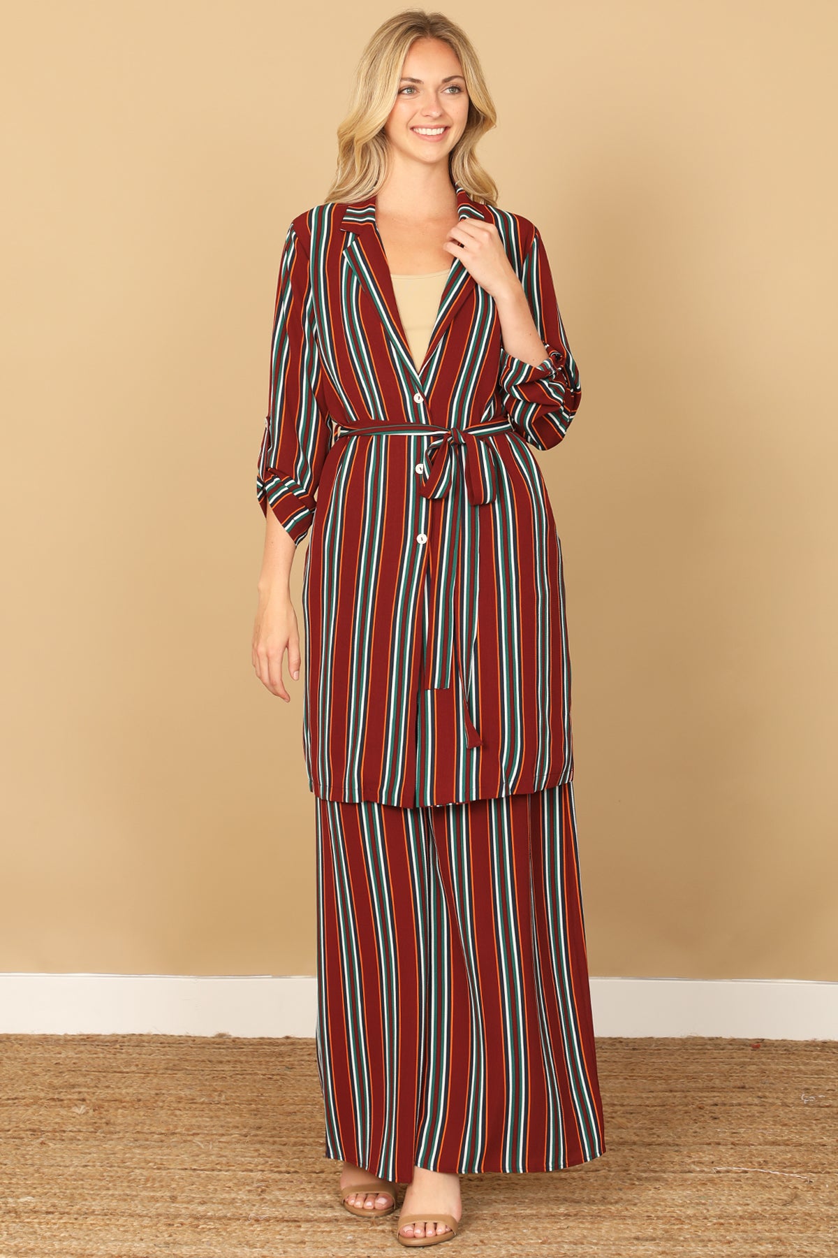 Striped Belted Duster Cardigan with Wide Leg Pants Set