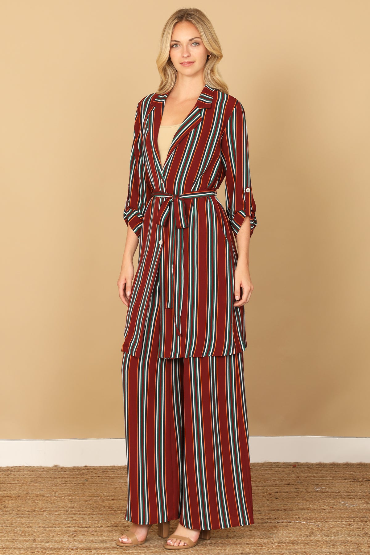 Striped Belted Duster Cardigan with Wide Leg Pants Set