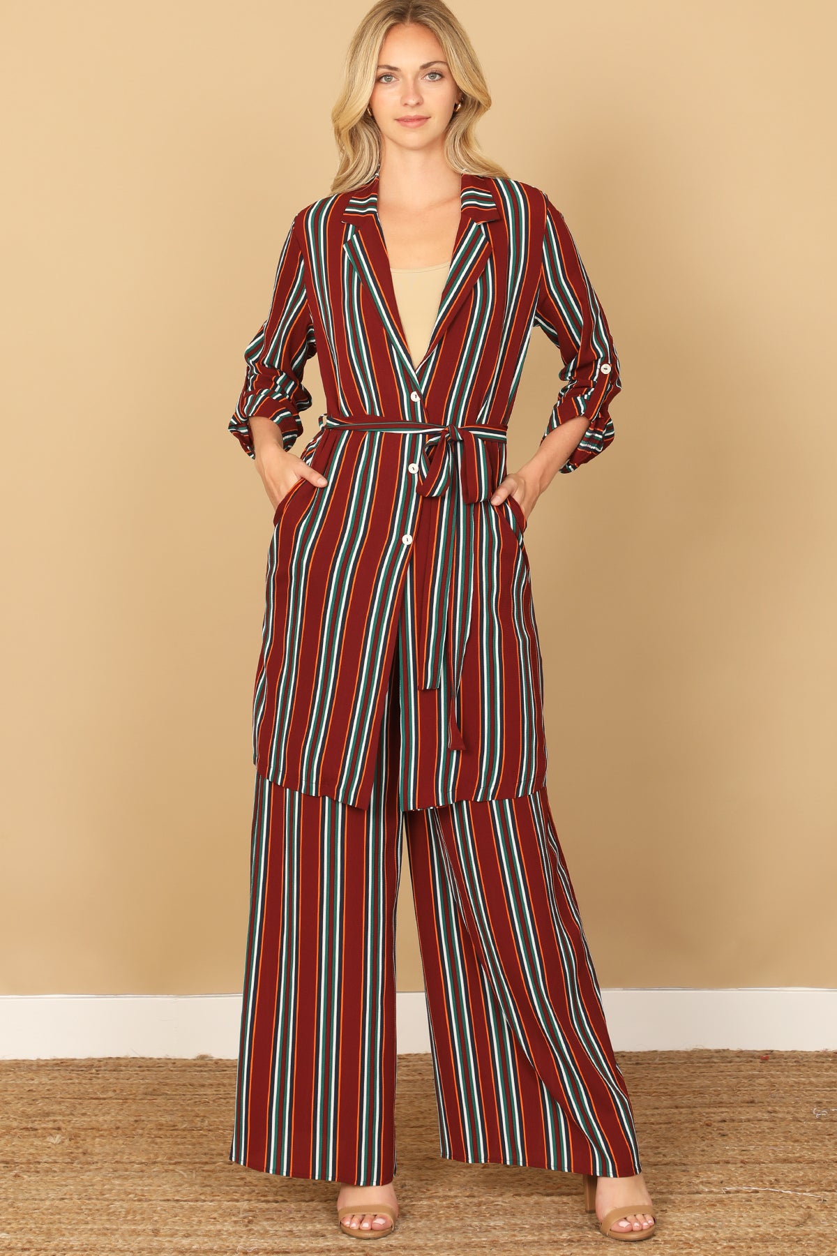 Striped Belted Duster Cardigan with Wide Leg Pants Set