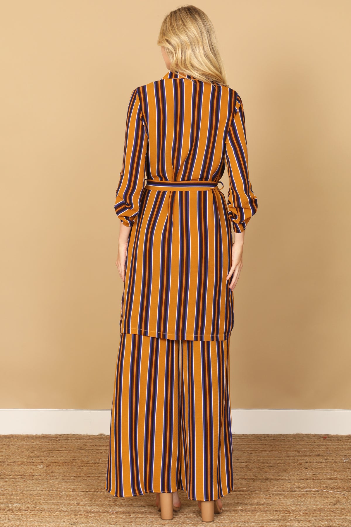 Striped Belted Duster Cardigan with Wide Leg Pants Set