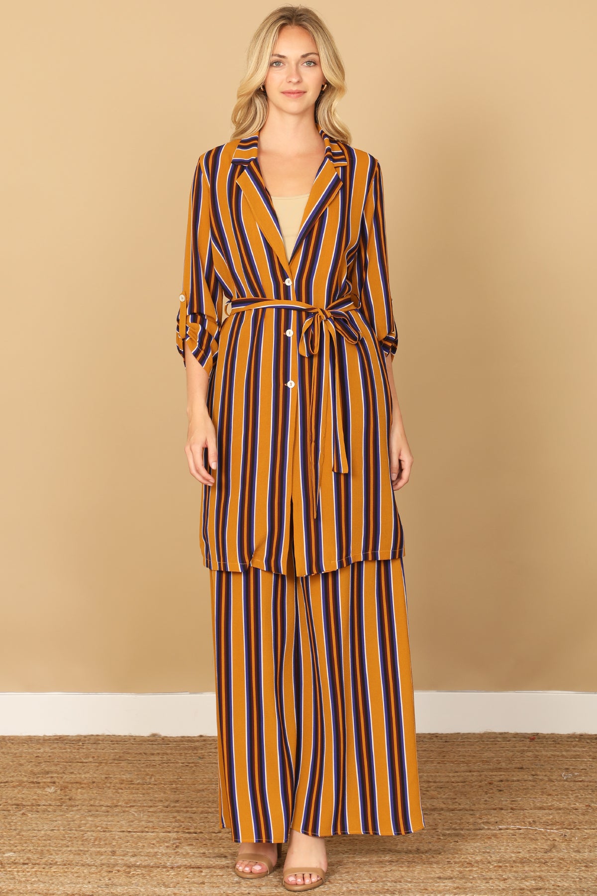 Striped Belted Duster Cardigan with Wide Leg Pants Set