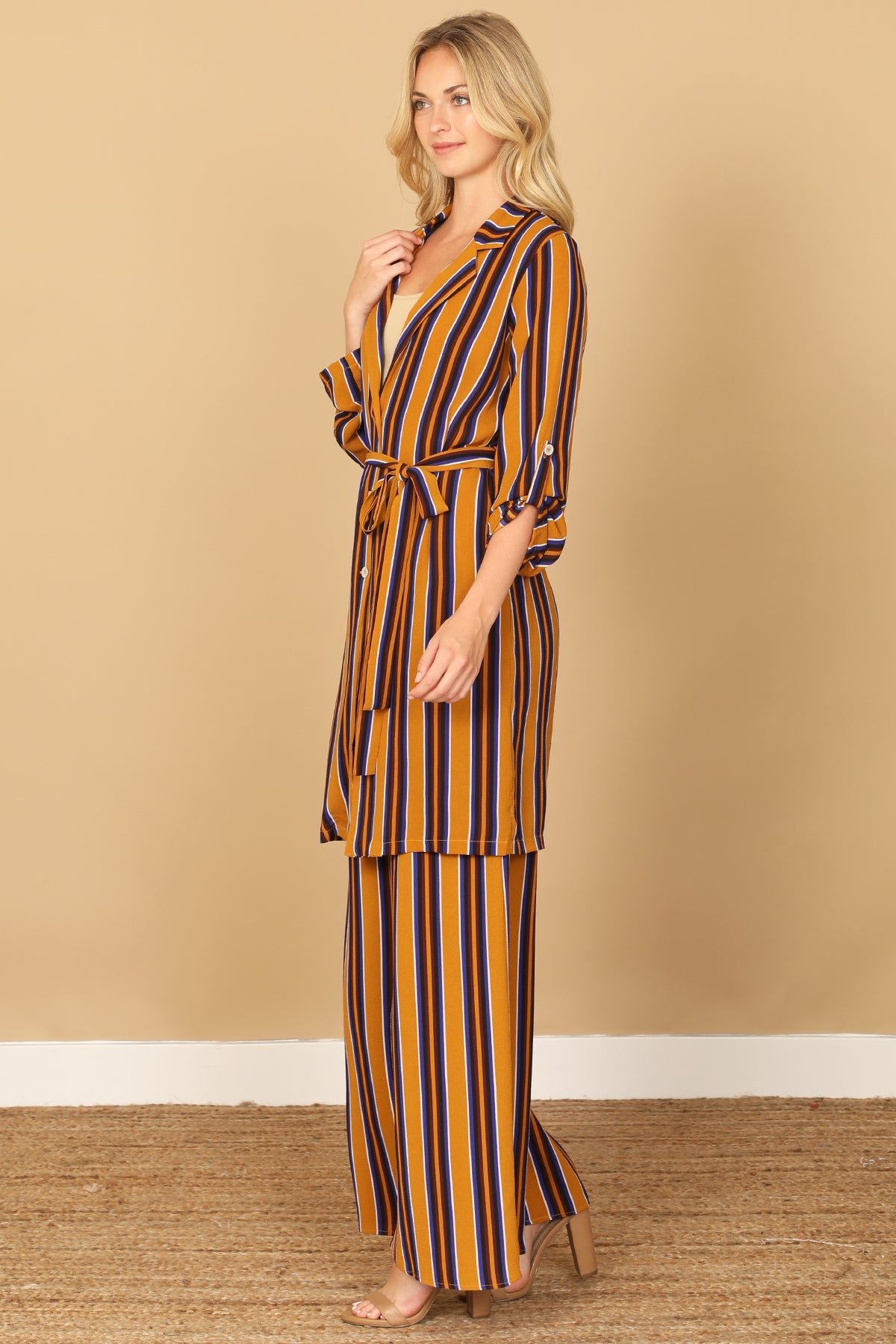 Striped Belted Duster Cardigan with Wide Leg Pants Set