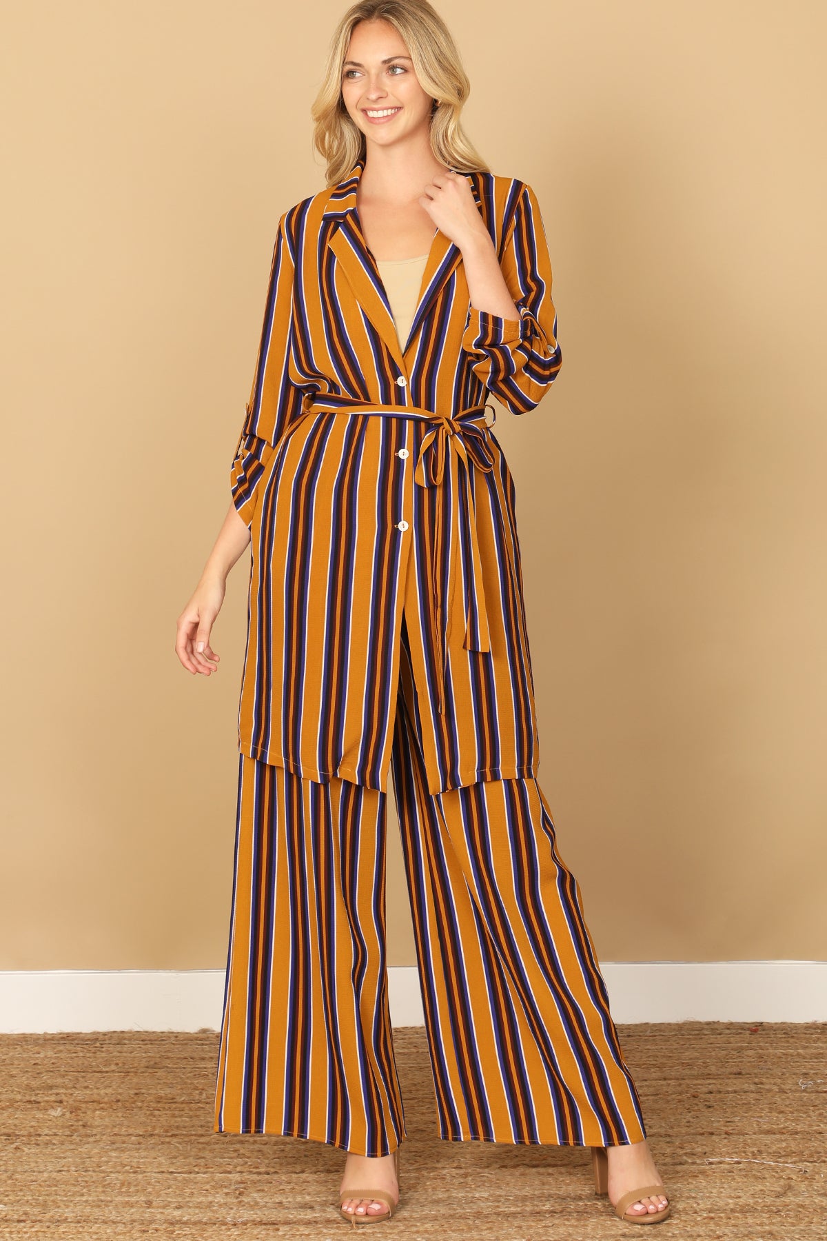 Striped Belted Duster Cardigan with Wide Leg Pants Set