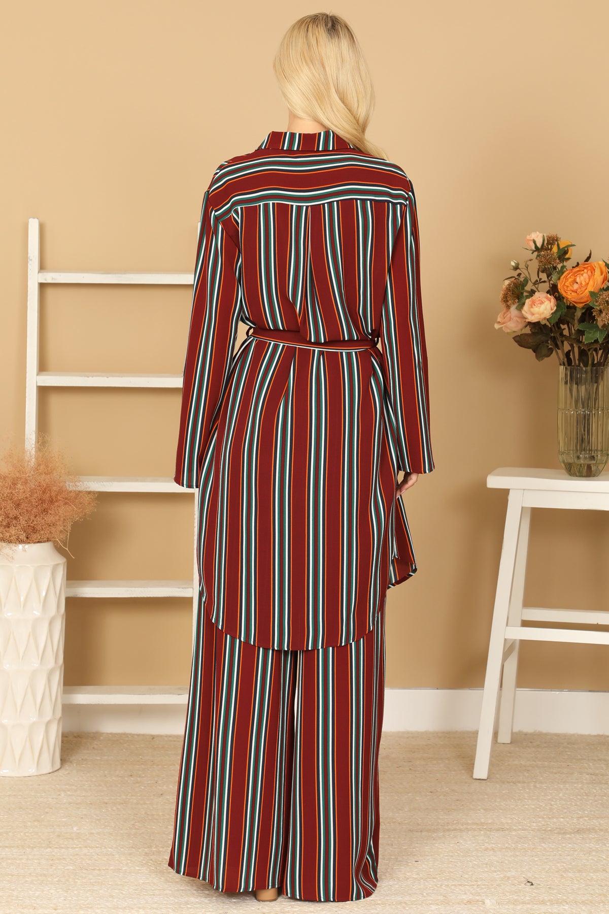Striped Button-Front Belted Duster & Wide Leg Pants Set
