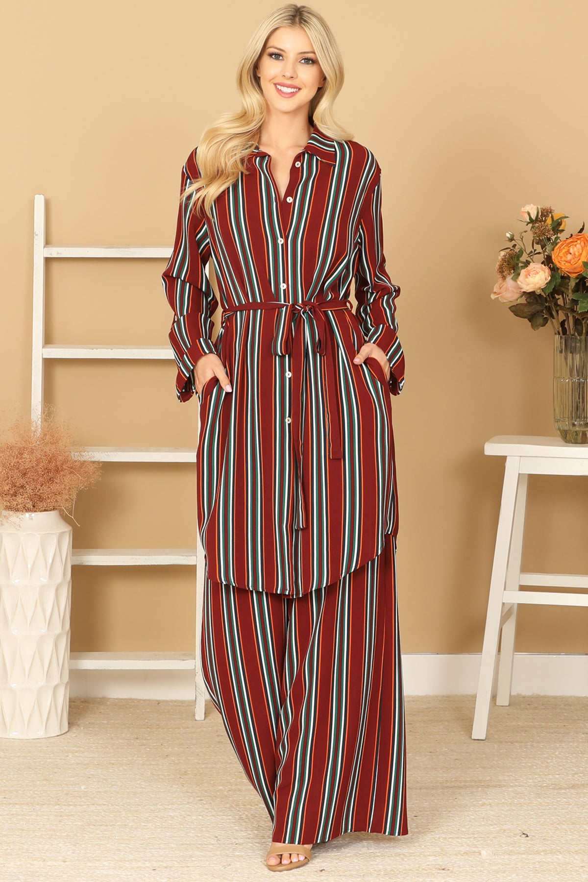 Striped Button-Front Belted Duster & Wide Leg Pants Set
