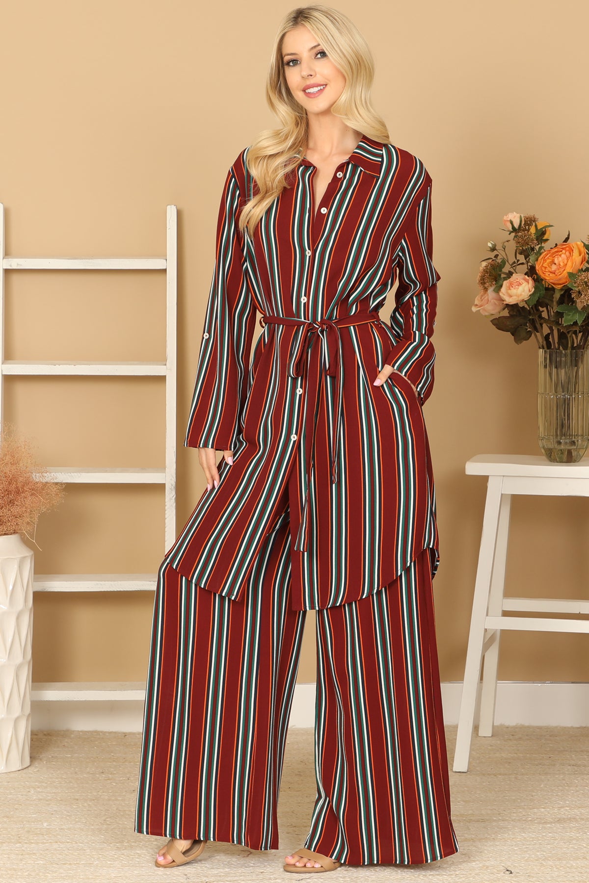 Striped Button-Front Belted Duster & Wide Leg Pants Set