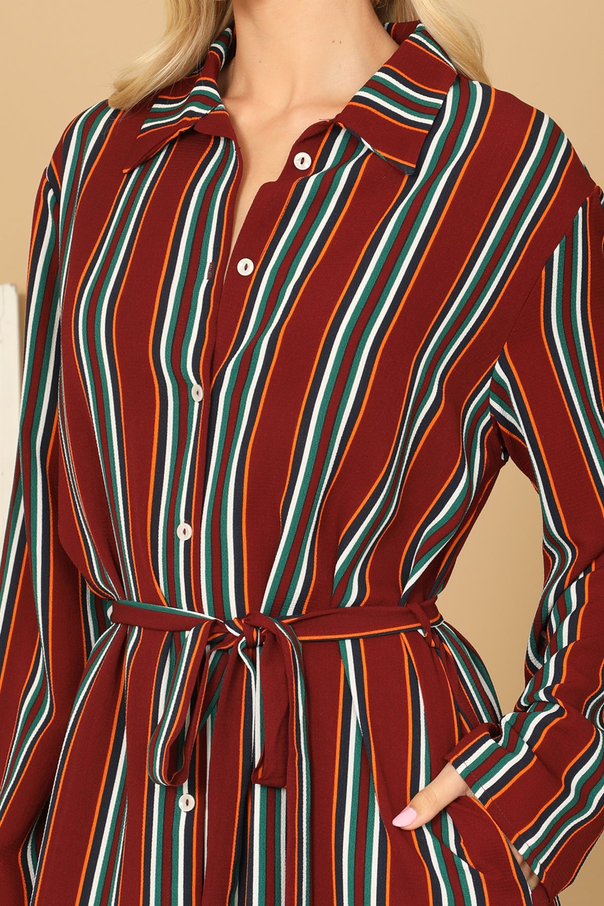 Striped Button-Front Belted Duster & Wide Leg Pants Set